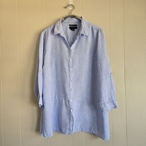 Tahari Blue Linen Tunic Button Up Shirt Breezy Lagenlook 2X